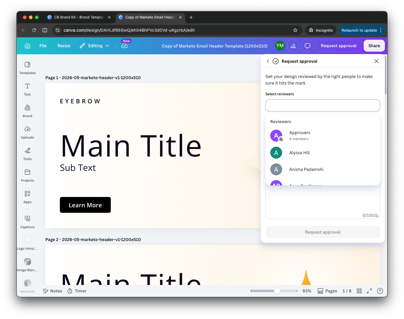 Request-approval panel routing a finished design to reviewers