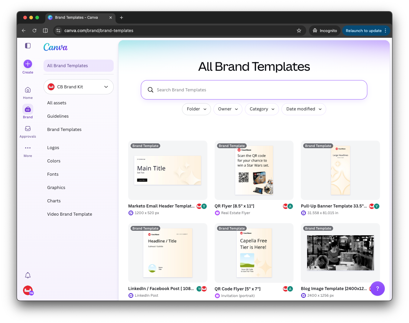 Searchable library of approved brand templates in Canva