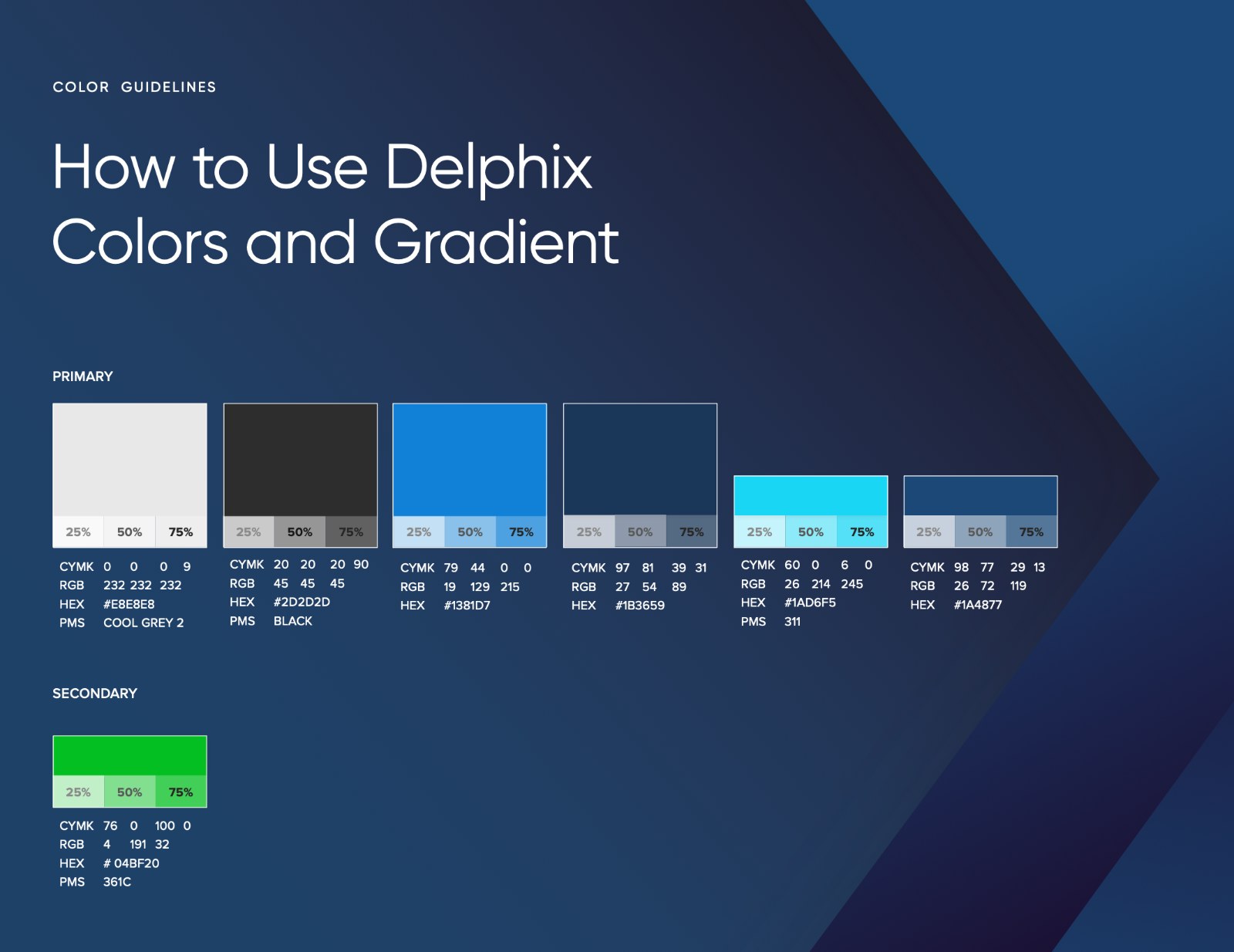 Delphix primary and secondary color guidelines with hex values, the green reserved as the standout