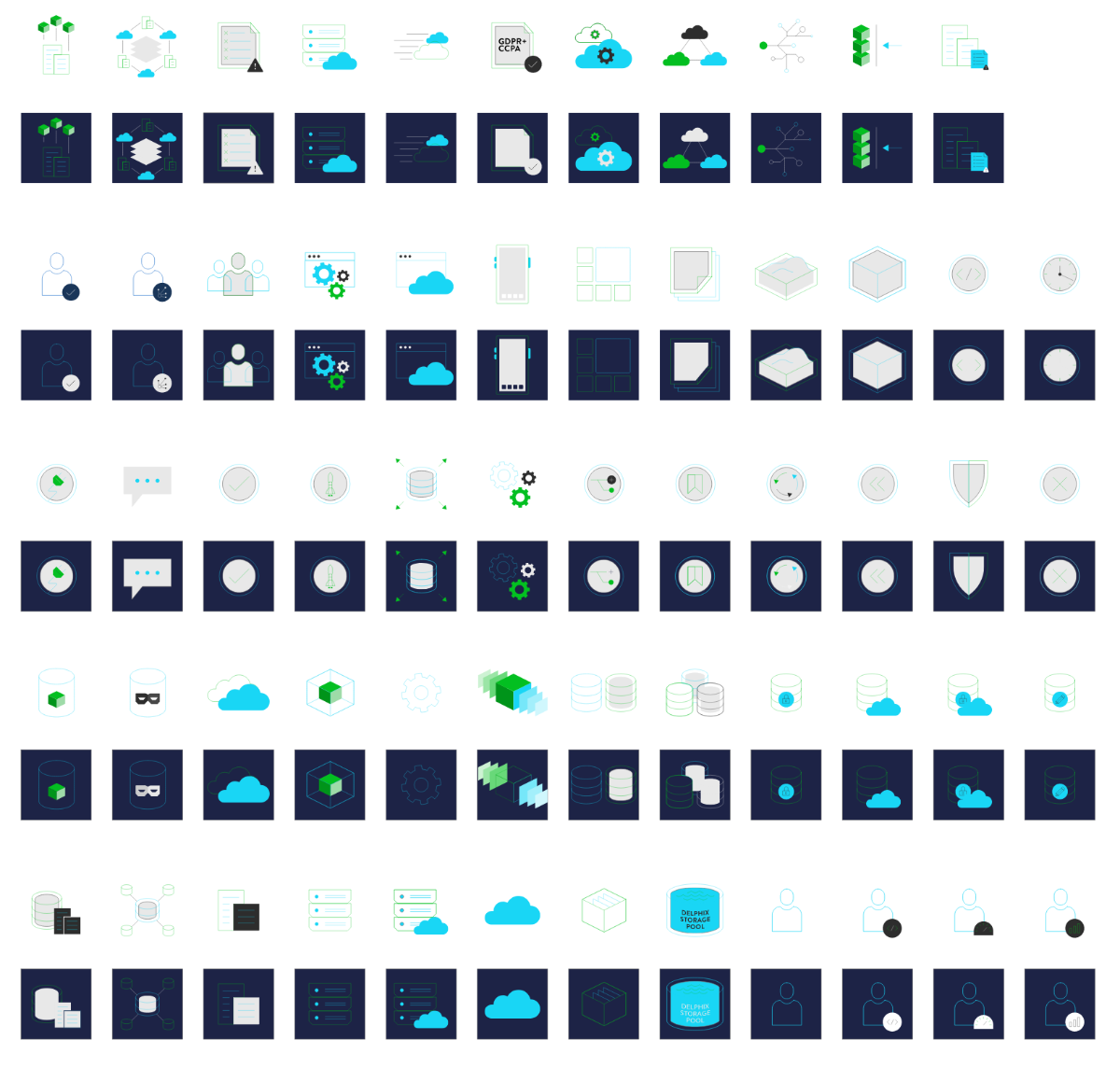 Delphix icon library with color and dark-tile variants