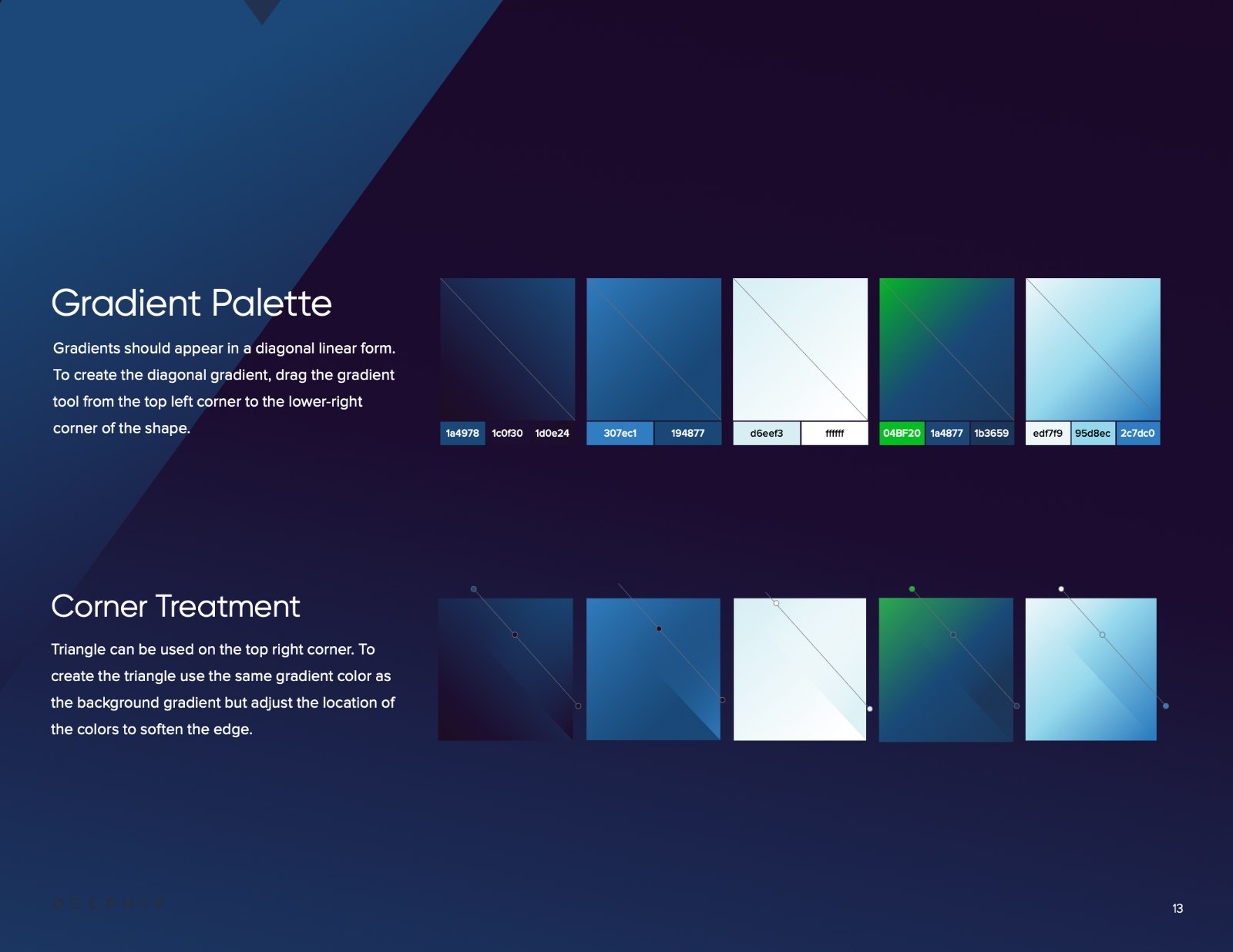 Diagonal gradient palette and corner treatment guidelines