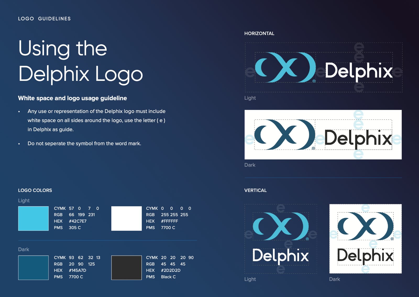 Delphix logo usage: horizontal and vertical lockups, clear space, and logo colors