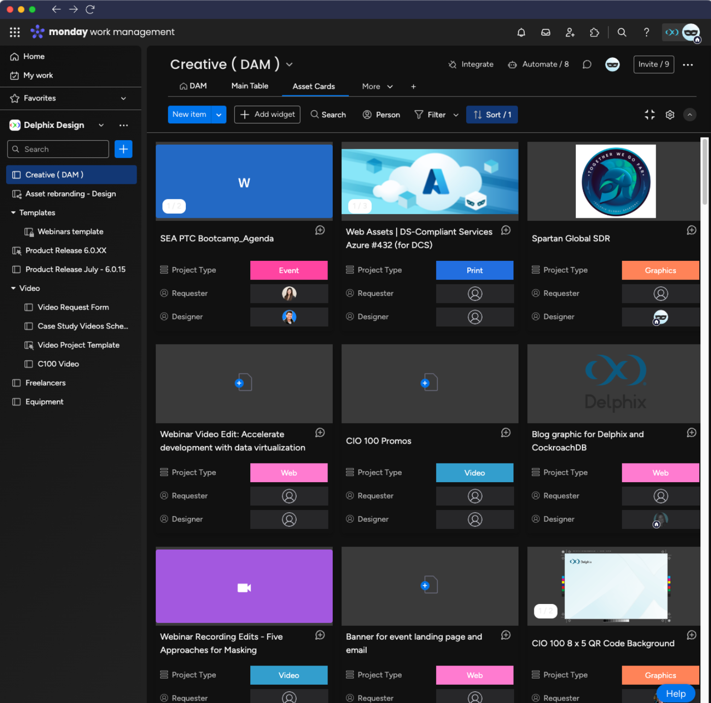 Monday.com creative digital asset management cards