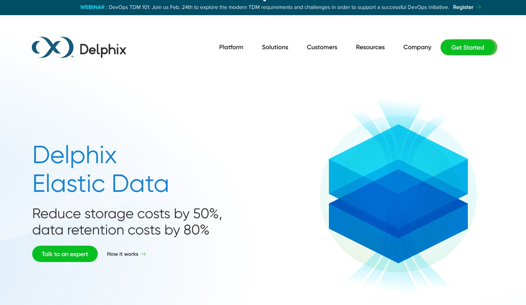 Delphix Elastic Data product page hero with layered isometric cube illustration