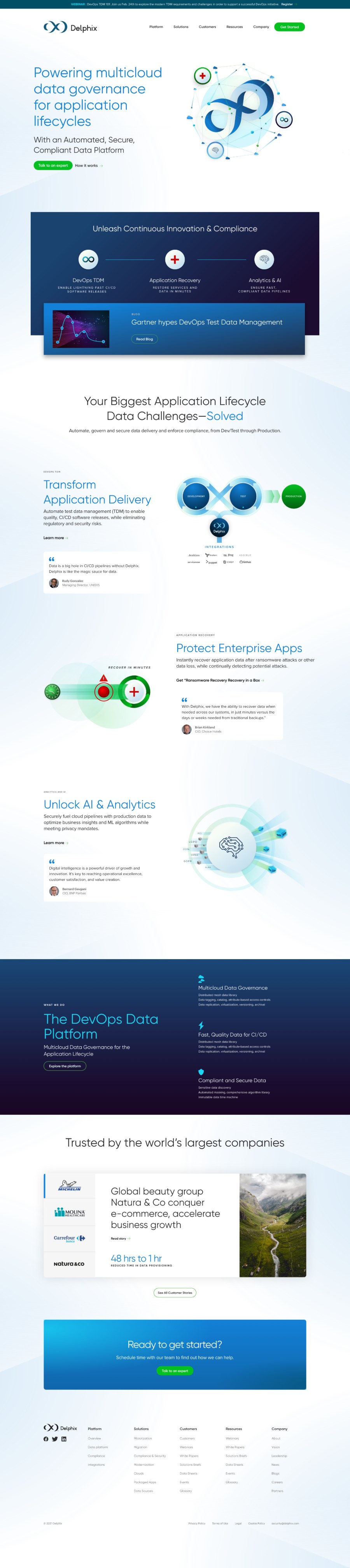 Full-length scroll of the Delphix homepage, hero through footer