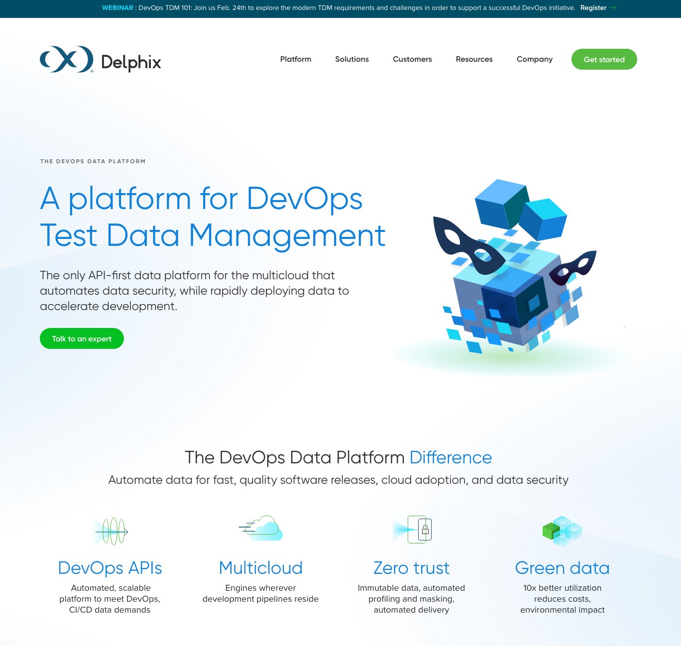 Delphix homepage: A platform for DevOps Test Data Management, with the four-pillar DevOps Data Platform Difference row below