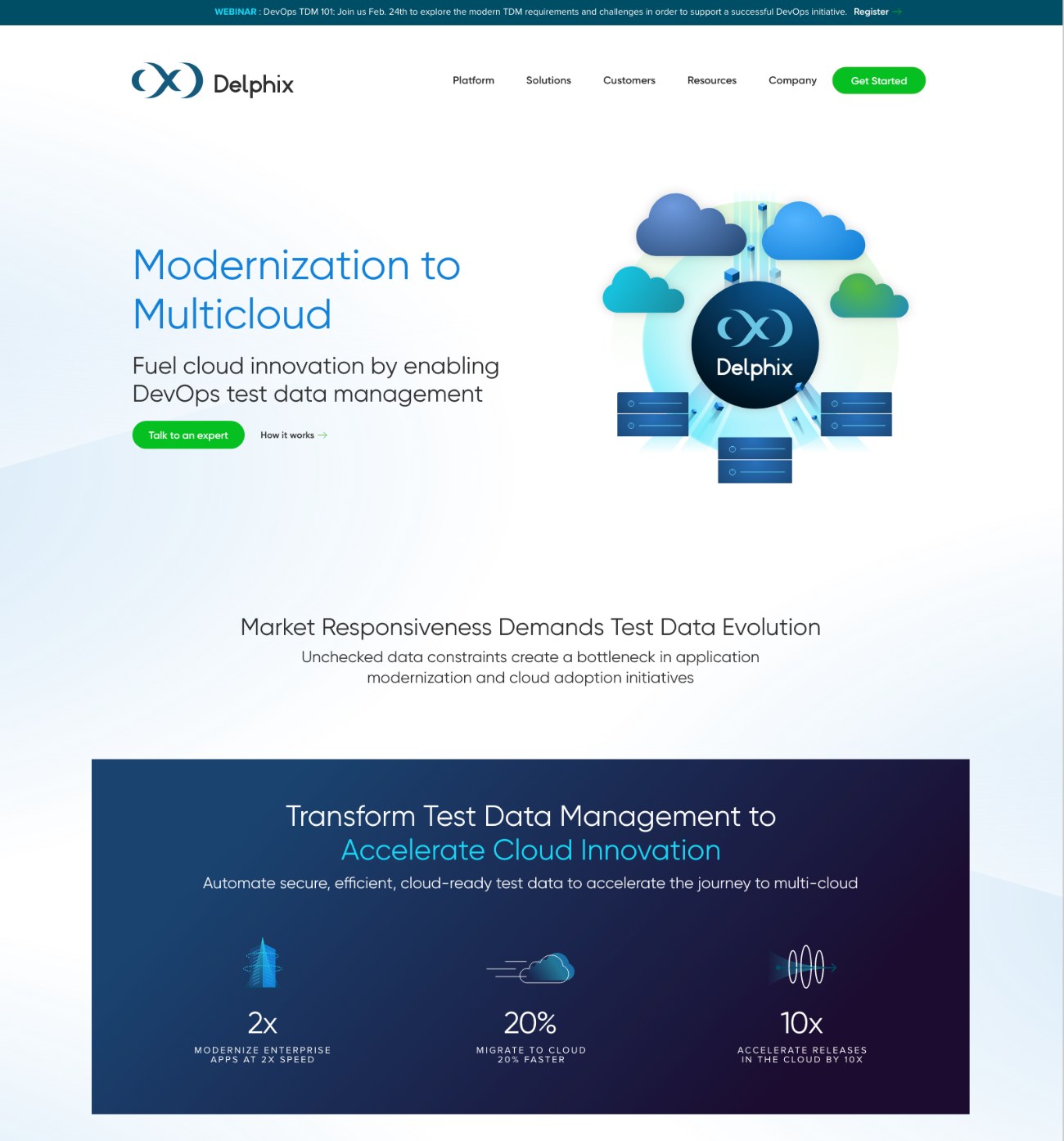 Modernization to Multicloud solution page, hero through the dark statistics band