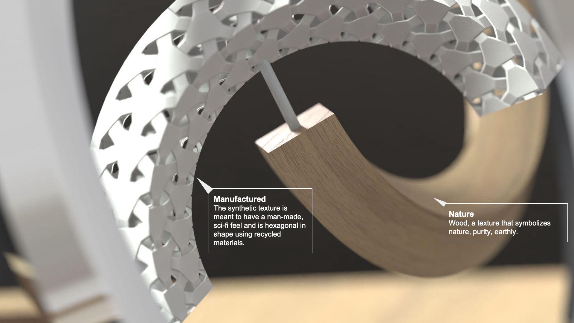 Trophy materials: recycled synthetic hexagonal texture and natural wood