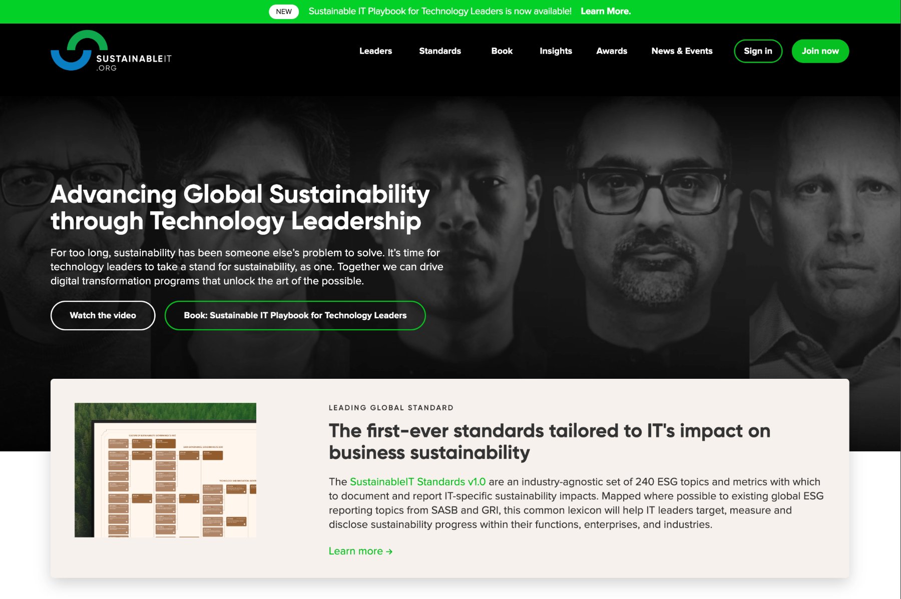 SustainableIT.org website hero, dark treatment with the mark framing forest and data