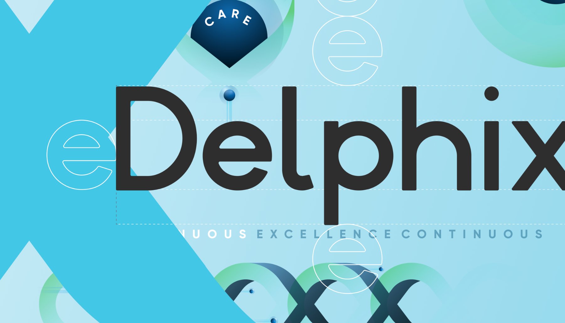 Delphix rebrand key art: the X mark, wordmark, and culture words, care, clarity, continuous excellence